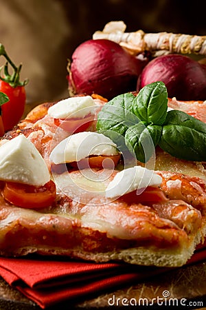 Pizza with Cherry Tomatoes and Buffalo Mozzarella Stock Photo