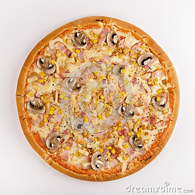 Pizza chicken, bacon, mushrooms, pineapple and corn on a white b Stock Photo