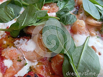 Pizza close up homemade salsa mozzarella fior di latte smoked prawns garlic parsley baby spinach Stock Photo