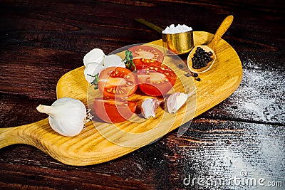 Pizza cooking ingredients. Dough, vegetables and spices. Top view with copy space Stock Photo