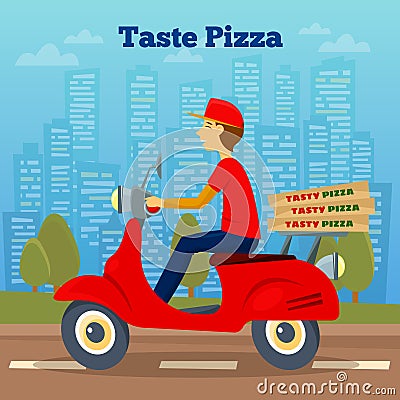 Pizza Courier on Scooter. Pizza Delivery Vector Illustration