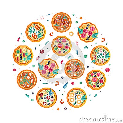 Pizza Creative Design with Baked Round Dough Round Vector Composition Vector Illustration