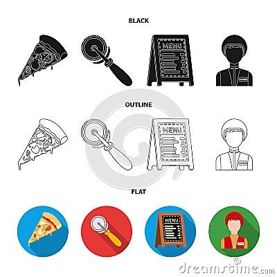 A pizza cutter, a slice, a menu in a pizzeria, a courier. Pizza and pizzeria set collection icons in black,flat,outline Vector Illustration
