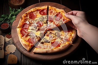 Pizza is delicious top view. A man's hand takes a slice of pizza Stock Photo