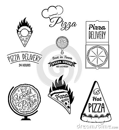 Pizza delivery. The food and service. Set of Typographic Badges Design Elements, Designers Toolkit. Vector Illustration