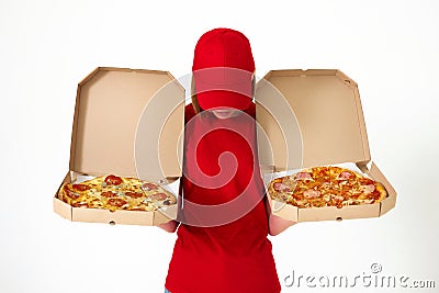 pizza delivery girl showing pizza inside boxes Stock Photo