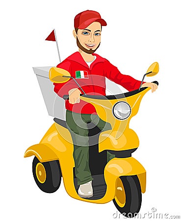 Pizza delivery man driving yellow scooter Vector Illustration