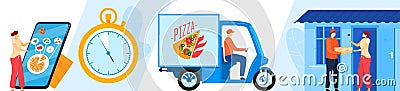 Pizza delivery online service set of isolated vector illustrations. Deliverman holding italian pizza cardboard box Cartoon Illustration