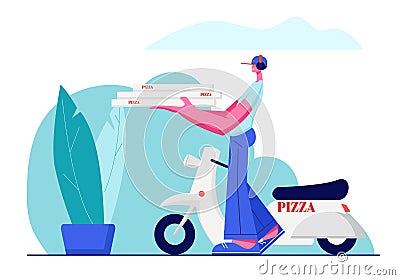 Pizza Delivery Service, Fast Moped Order Shipping. Cute Guy in Cap Carry Pile of Pizza Boxes in Hands to Address Vector Illustration