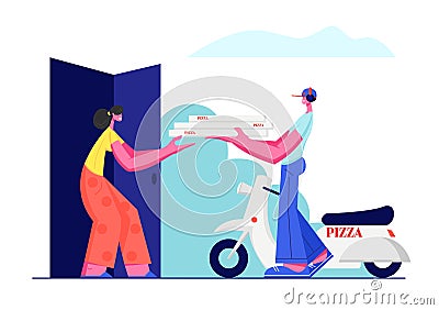 Pizza Delivery Service. Young Male Courier Character Bring Order to Customer Stand near Scooter and Give Pile of Pizza Boxes Vector Illustration