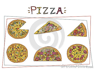 Pizza of different types set. Margherita and pepperoni Vector Illustration