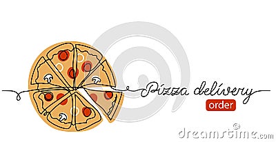 Pizza doodle, sketch vector banner, background, poster. One continuous line art drawing banner with text pizza delivery Vector Illustration