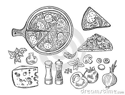 Pizza doodles. Italian pizzas slices bread outline hand drawn sketch isolated on background, garlic cheese tomatoes Vector Illustration