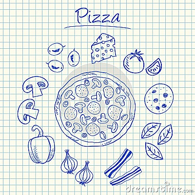 Pizza doodles - squared paper Vector Illustration