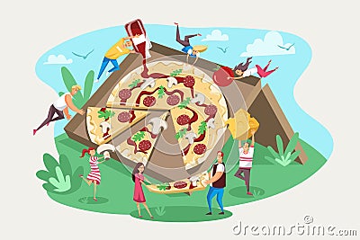 Pizza, fast food, friendship team, hungry concept. Vector Illustration