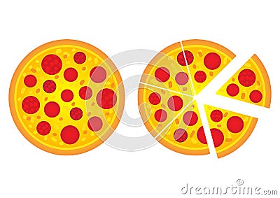 Pizza food flat cartoon design vector, illustration.There are pepperoni, cheese Italian fast food. Vector Illustration