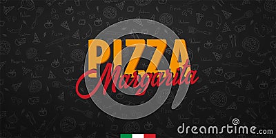 Pizza food menu for restaurant and cafe. Design banner with hand-drawn graphic elements in doodle style. Vector Illustration. Vector Illustration
