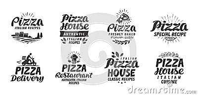 Pizza, food set icons. Collection lettering, labels for menu design restaurant or cafe Vector Illustration