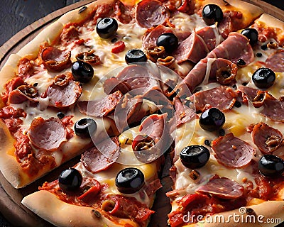 Pizza food slice pepperoni olives hot cheese topping Cartoon Illustration