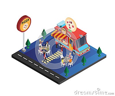 Pizza Food Truck Isometric Artwork of a family enjoying Pizza Stock Photo