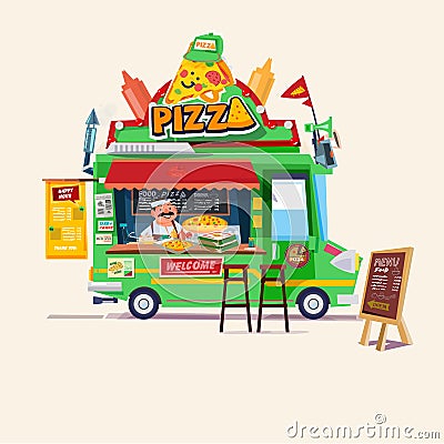 Pizza food truck. Street food car with chef. character design - Vector Illustration