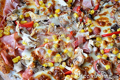 Pizza with ham, chicken meat, bacon, mushroom, mozzarella, red pepper and maize Stock Photo