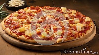 Pizza Hawaii with Pineapple on wooden plate Stock Photo