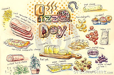 Pizza homemade party ingredient illustration Cartoon Illustration