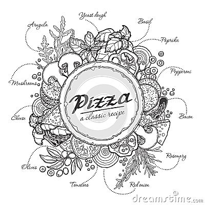 Pizza and ingredients, black outline on a white background Vector Illustration