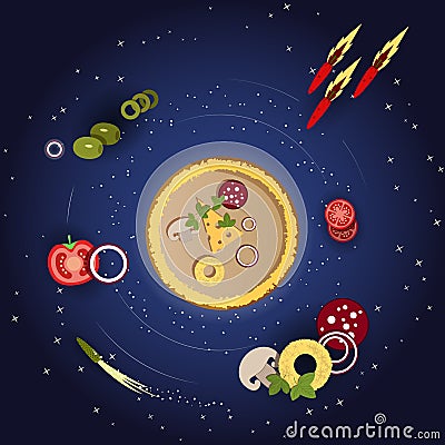 Pizza and ingredients on a dark blue background with stars. Vector Illustration