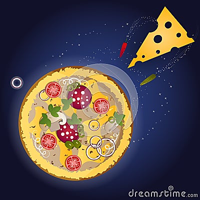 Pizza and ingredients on a dark blue background with stars. Vector Illustration