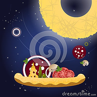 Pizza and ingredients on a dark blue background with stars. Vector Illustration