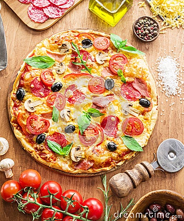 Pizza and ingredients. Food background Stock Photo