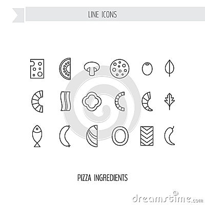 Pizza ingredients line icon set. Pizza icon set. Black and white. Vector Illustration