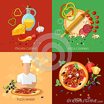 Pizza ingredients work pizzeria chief cooking pizza set Vector Illustration