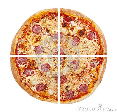 Four pieces of pizza isolated on the white Stock Photo