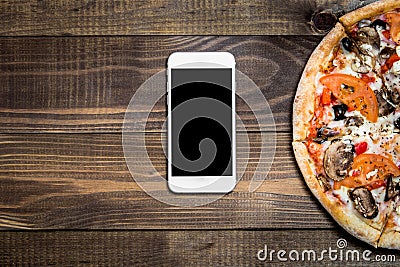 Pizza, Italian food delivery, call or order online on mobile, cellular, smart phone. Stock Photo