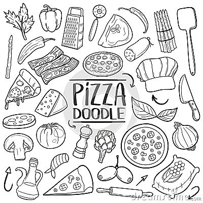 Pizza Italian Food Traditional doodle icon hand draw set Vector Illustration