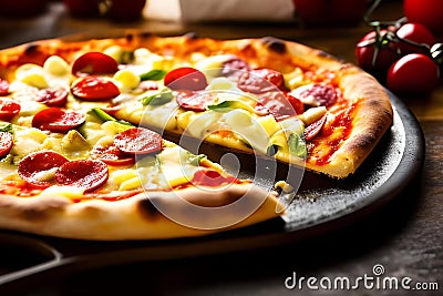 Pizza, with its irresistible aroma and its set of selected ingredients, is capable of awakening a unique gastronomic voracity in Stock Photo