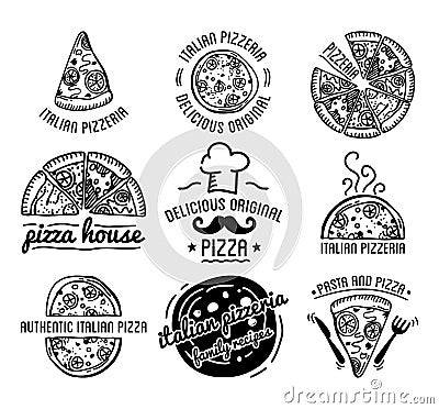 Pizza Label Design Typographic Set. Vector Illustration