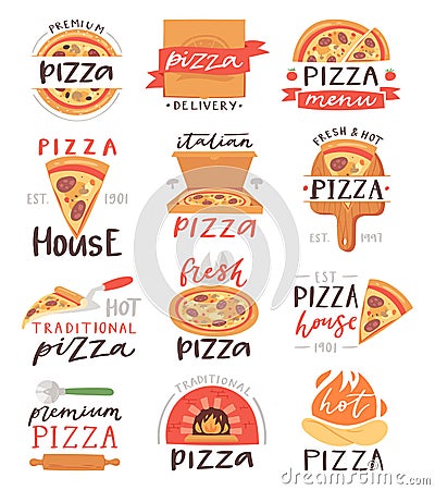 Pizza lettering vector italian food sign of pizzeria or pizzahouse for typography print illustration set of baked pie or Vector Illustration