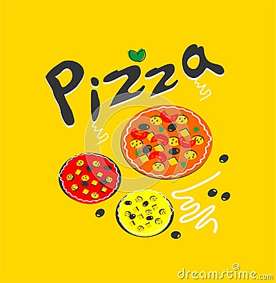 pizza, logo, food, stylized, pizzeria, cafe, bright, coloured, tasty, delicious, fast food, vector, illustration, new Vector Illustration