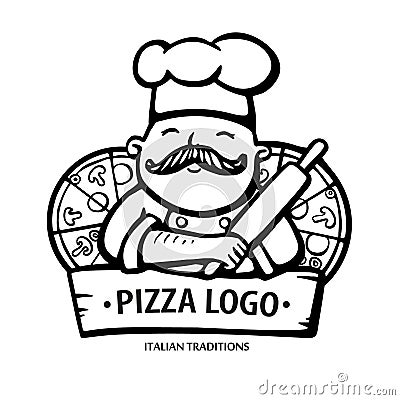 Pizza logo. Hand drawn vector illustration of chef-cooker with a mustache and pizzas. Italian chef logo. Vector Illustration
