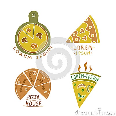 Pizza logos collection, art hand drawn vector pizza symbols, doodle style Vector Illustration