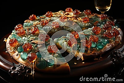 Pizza made out of gold diamonds emeralds and stones illustration generative ai Cartoon Illustration