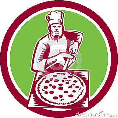 Pizza Maker Holding Pizza Peel Circle Woodcut Vector Illustration