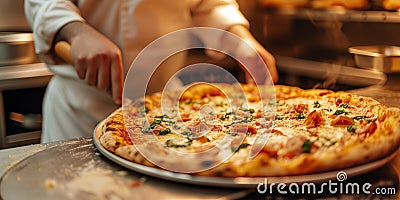 Pizza making process. Male chef hands making authentic pizza in the pizzeria kitchen. Pizza Art. The process of making pizza. Stock Photo