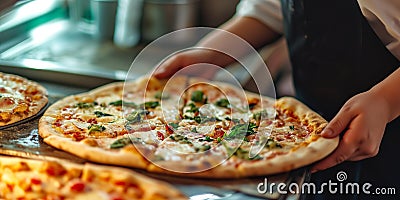 Pizza Making Process. Male Chef Hands Making Authentic Pizza In The