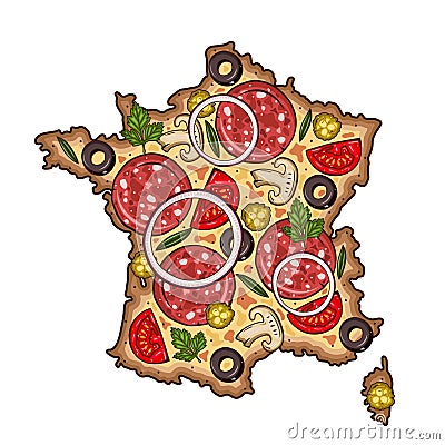 Pizza. Map of France sheped pizza. Map Of France. Vector Illustration