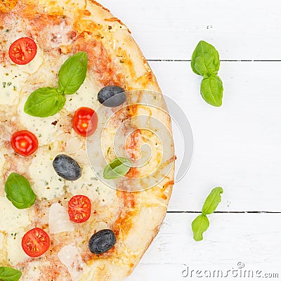 Pizza margarita margherita from above square close up on wooden board Stock Photo